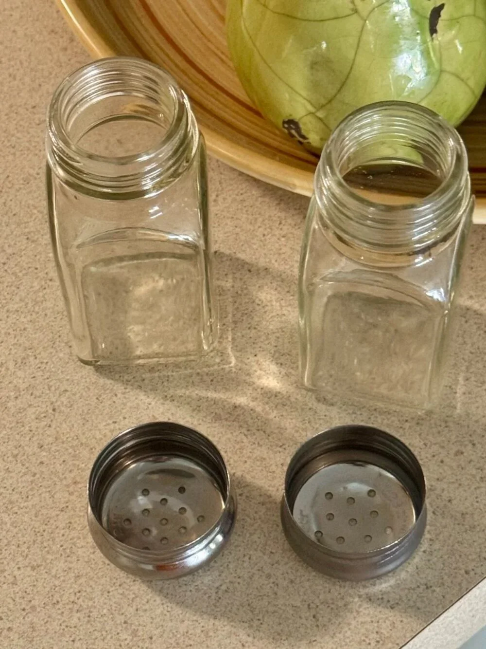Vintage Glass Salt & Pepper Shaker Set – Silver Tops, Four-Sided Design